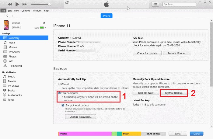 Chọn iPhone mới và chọn "Restore Backup"