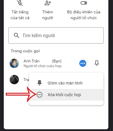 Nhấn vào biểu tượng ba chấm sau đó chọn Xóa khỏi cuộc họp