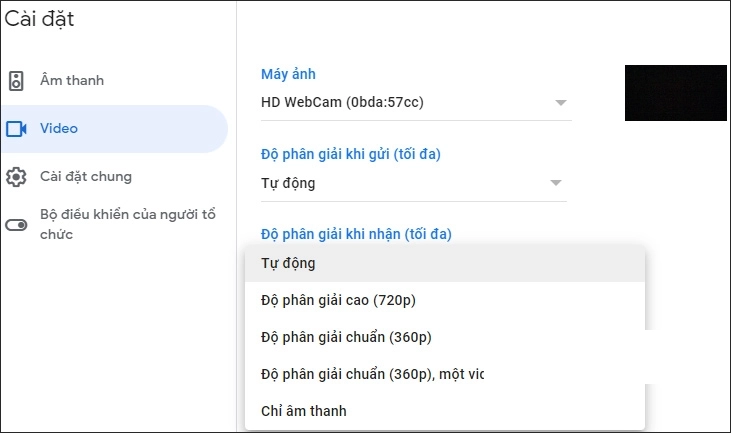 Nhấn vào mục Video để cấu hình webcam