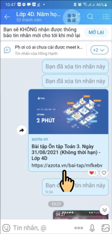 Bấm vào URL bài tập Thầy cô đã giao