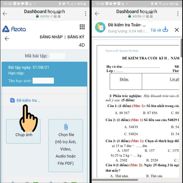 Chọn vào đề kiểm tra hoặc xem bài tập