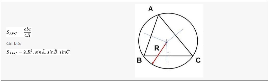 Tính diện tích bằng bán kính đường tròn ngoại tiếp tam giác (R)