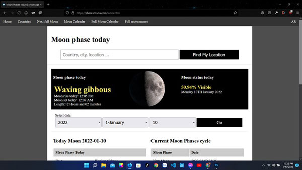 Dùng Moon Phases today trên trình duyệt web