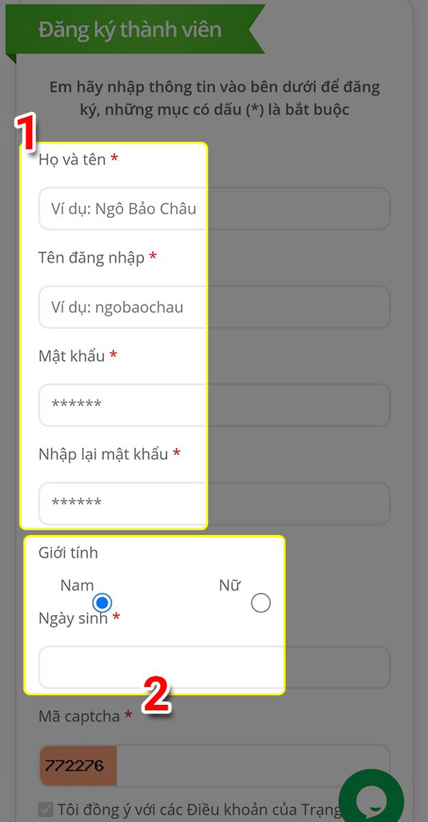 Bạn điền những thông tin về tài khoản account