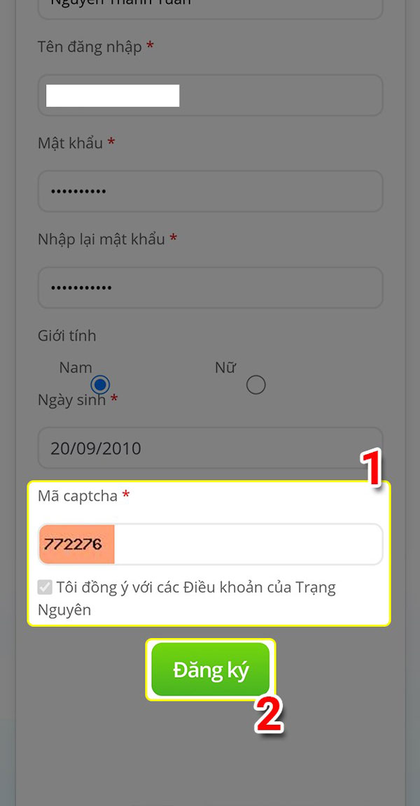 Điền mã captcha và sau đó click Đăng ký