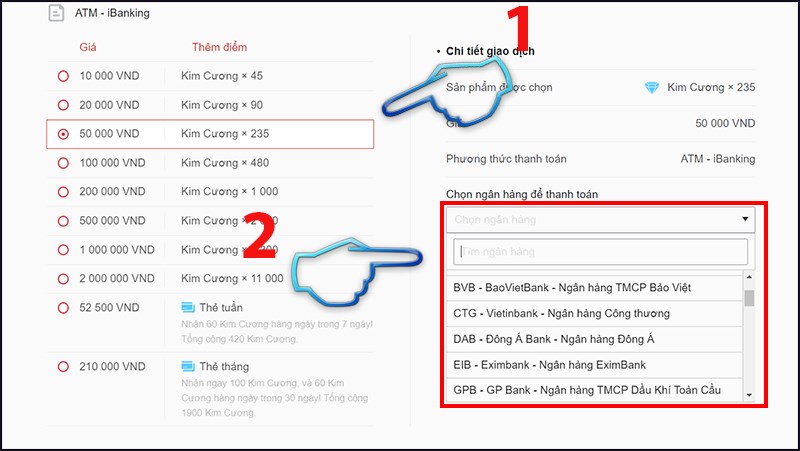 Chọn ngân hàng, số tiền cần nạp và nhấn nút thanh toán