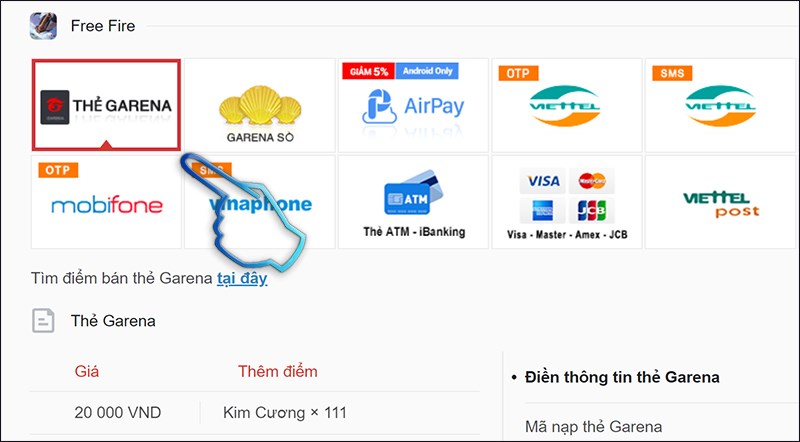 Chọn hình thức thanh toán bằng thẻ Garena