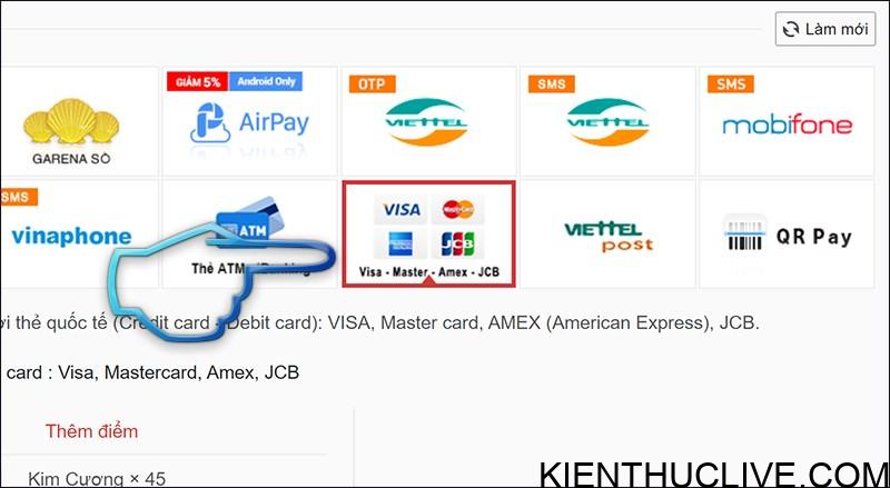 Chọn hình thức thanh toán bằng thẻ Visa hoặc Mastercard