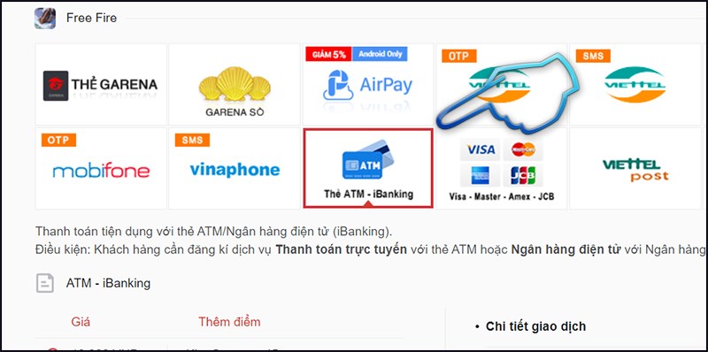 Bước 1: Bước đầu tiên để nạp thẻ qua ATM - iBanking là chọn hình thức thanh toán.